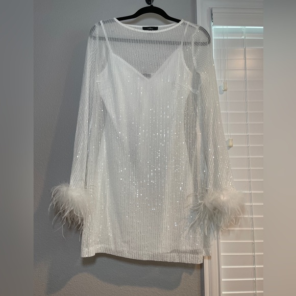 Lulu’s Marvelous Energy White Sequin Mesh Long Sleeve Mini Dress - Picture 6 of 13
